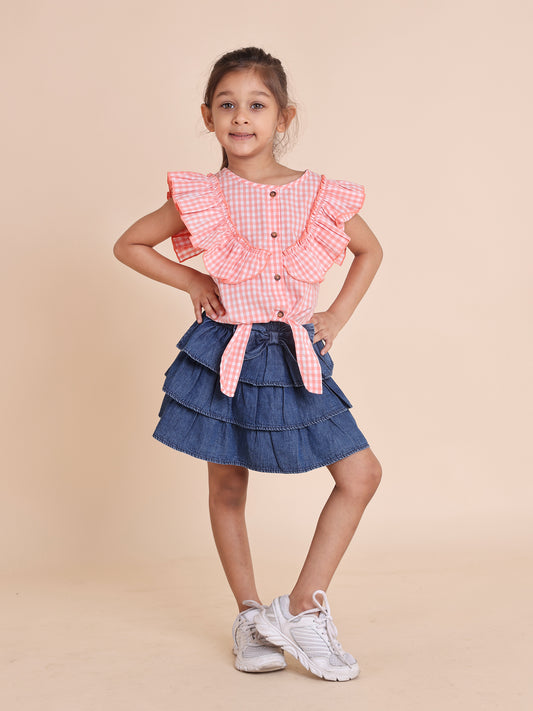 Girls checks front knot top with flared sleeves