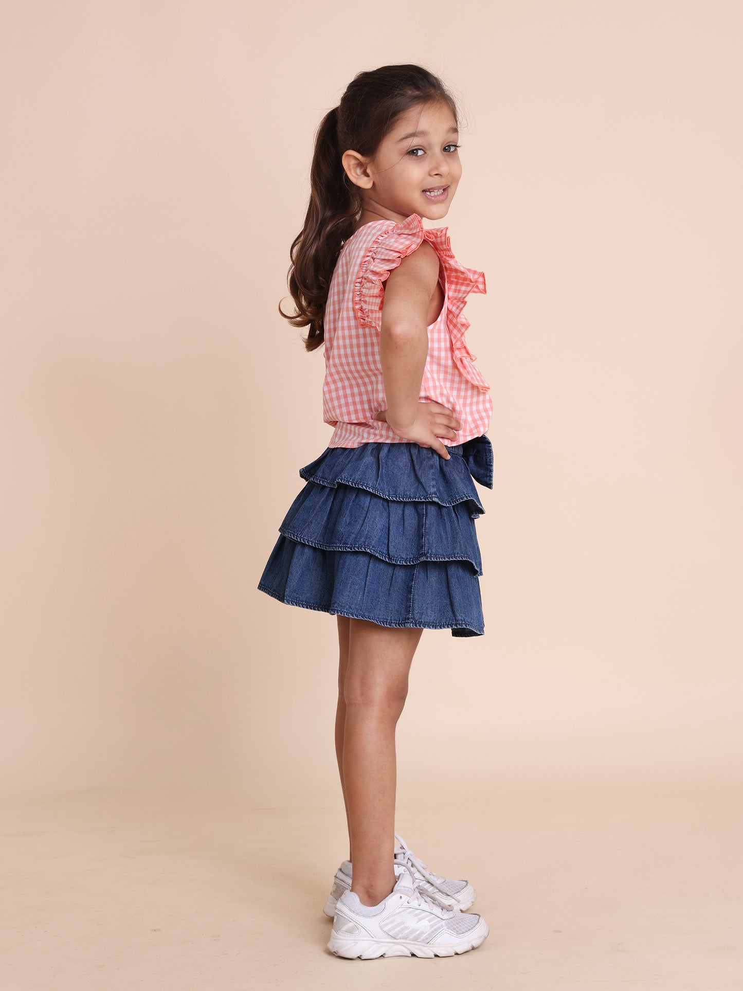 Girls checks front knot top with flared sleeves