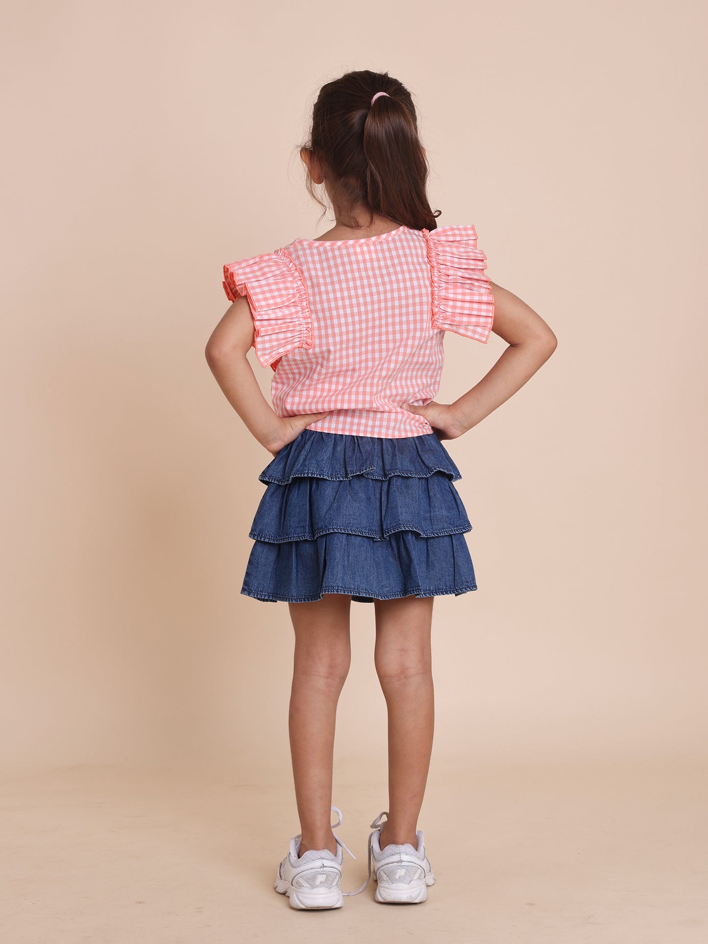 Girls checks front knot top with flared sleeves