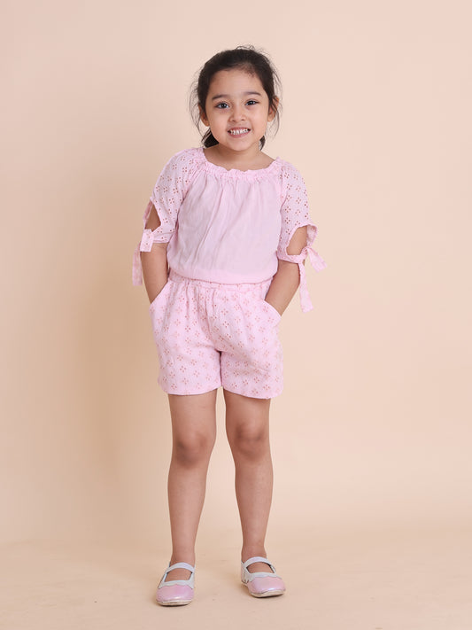 Girls pink schiffli top with stylish sleeves