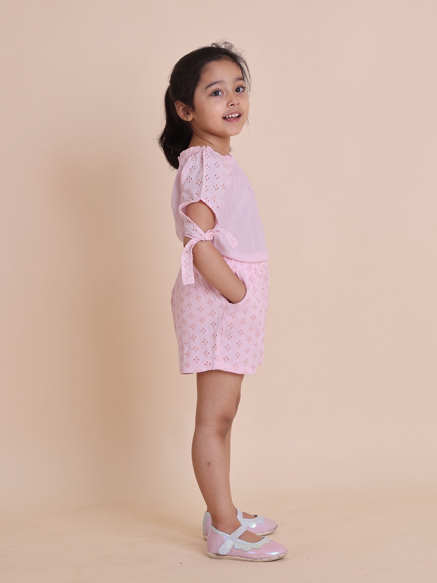 Girls pink schiffli top with stylish sleeves