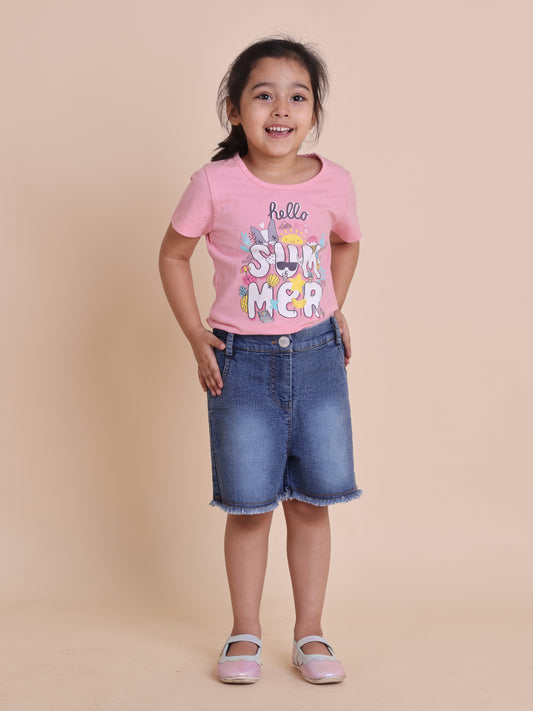 Girls Pink Text Print T-Shirt