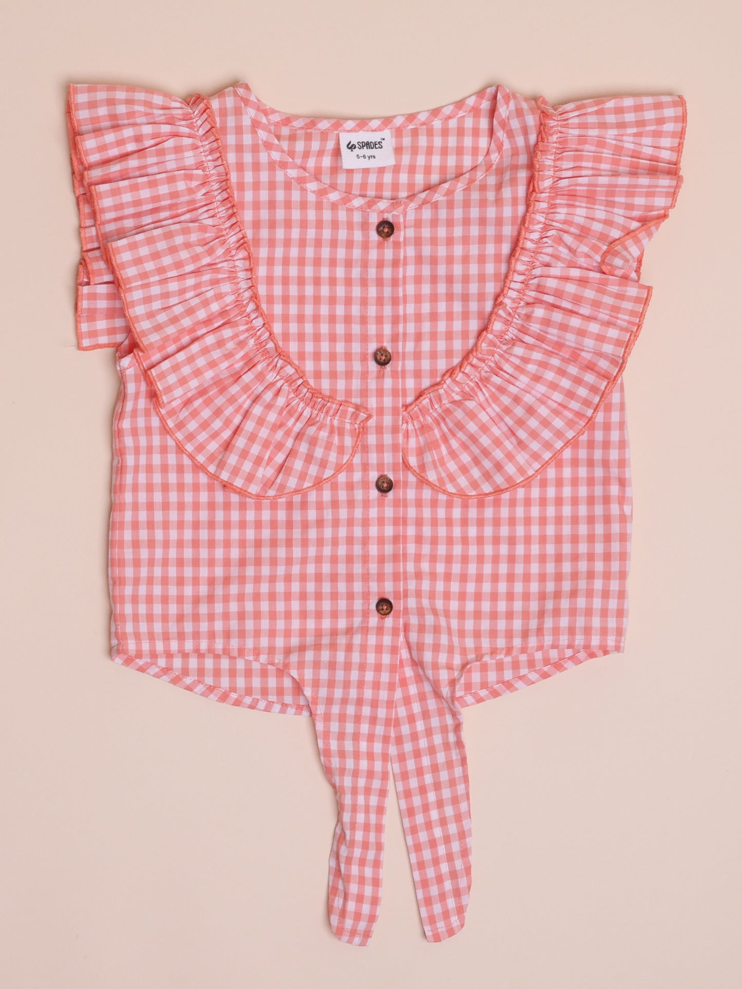 Girls checks front knot top with flared sleeves