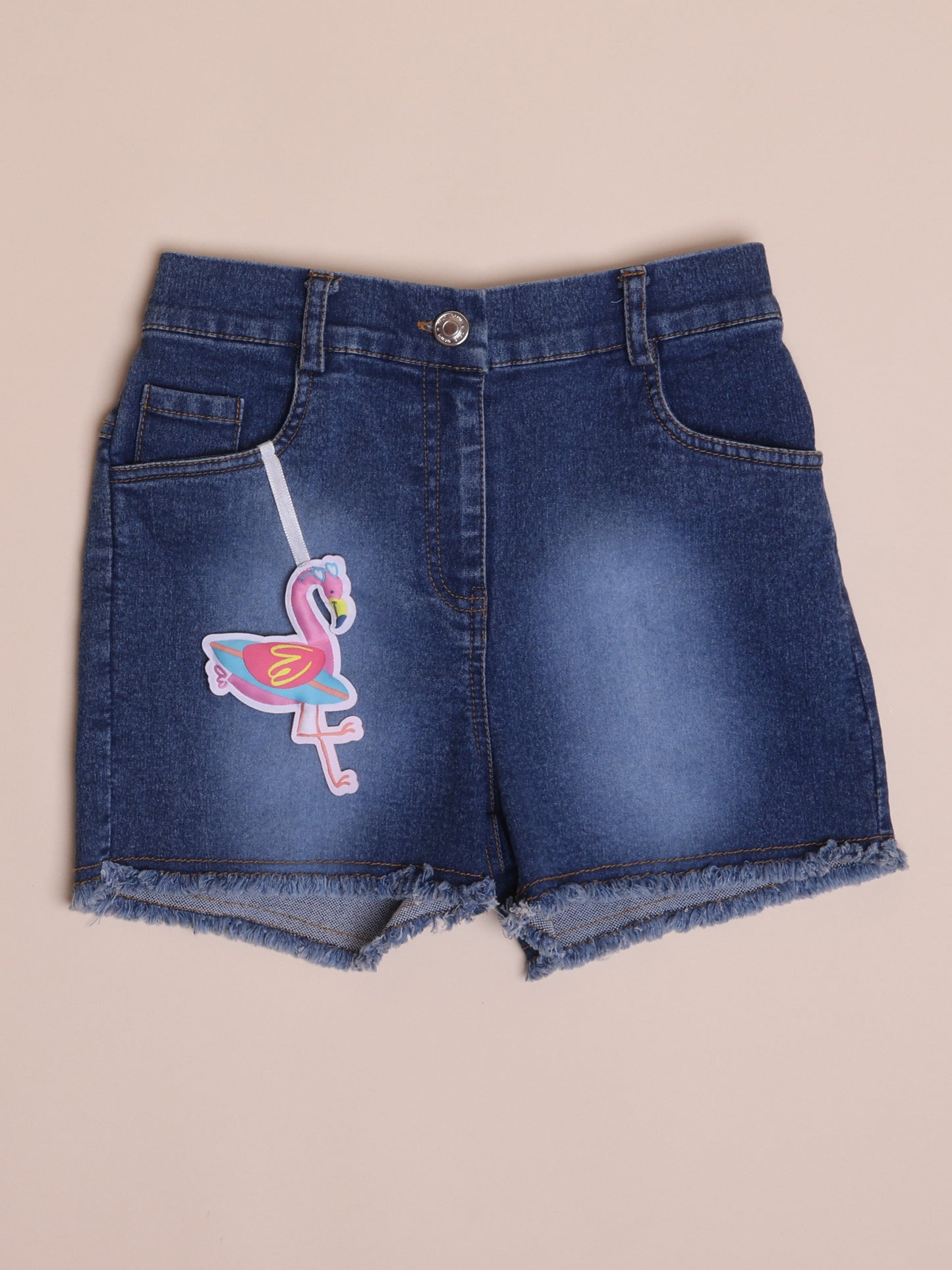 Blue mid rise denim shorts with Flamingo