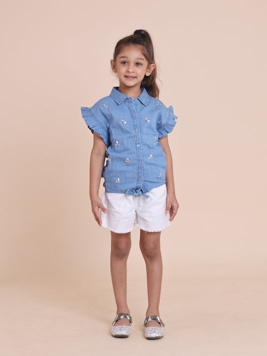 Girls' Denim Tie-Up Top with Rhinestone Handwork