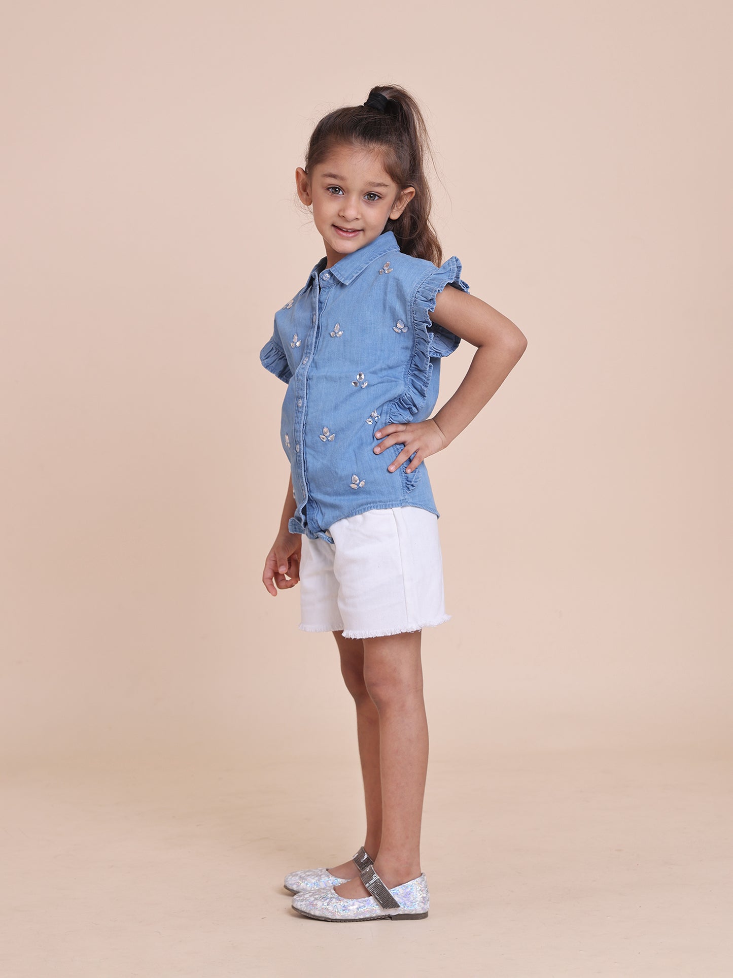 Girls' Denim Tie-Up Top with Rhinestone Handwork