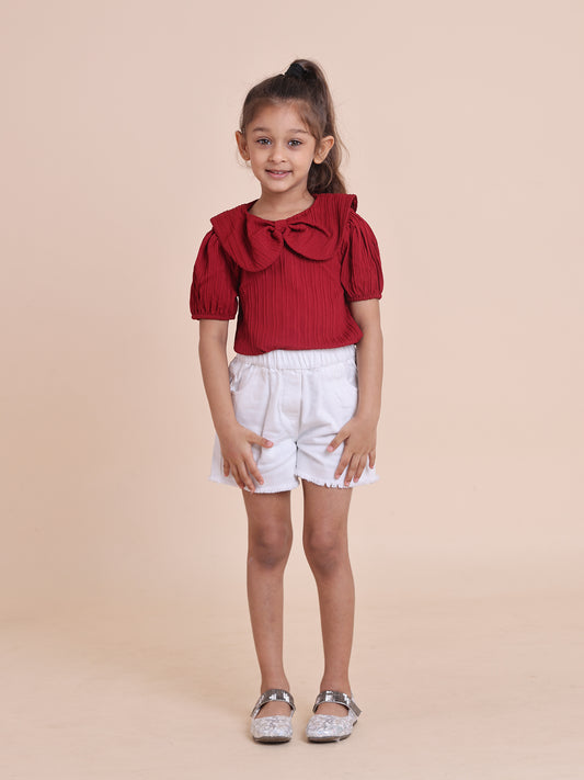 Girls Solid Peter Pan Collar Puff Sleeve Top