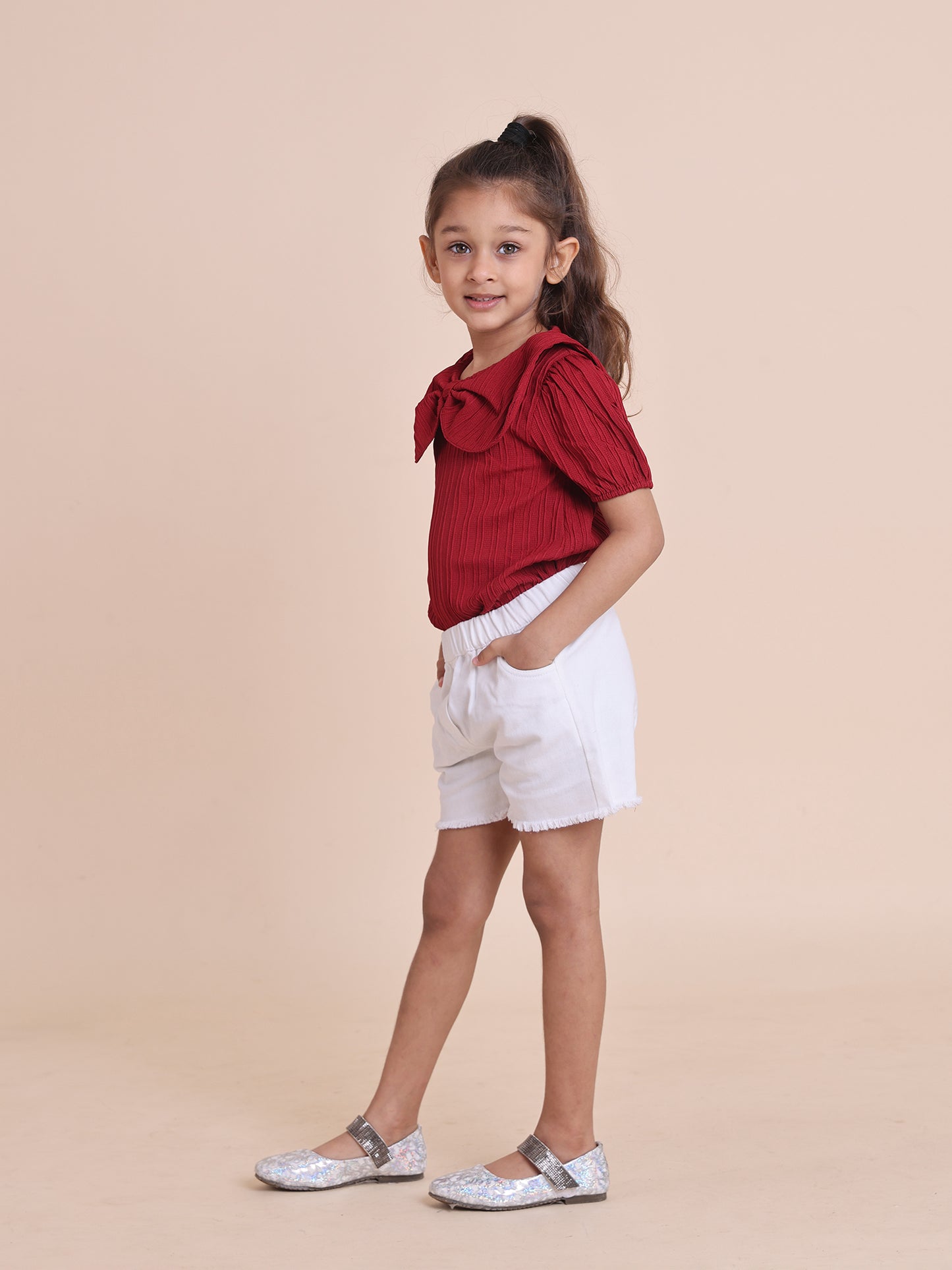 Girls Solid Peter Pan Collar Puff Sleeve Top