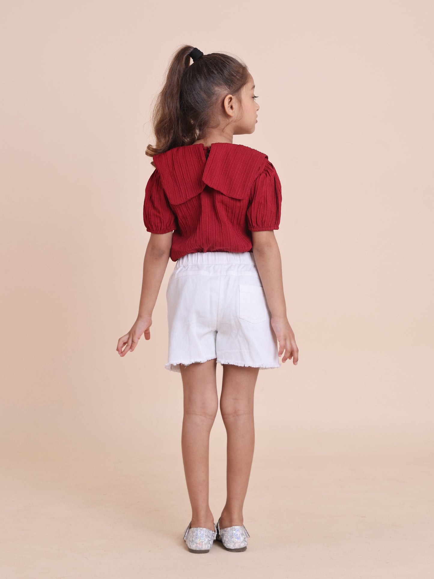 Girls Solid Peter Pan Collar Puff Sleeve Top