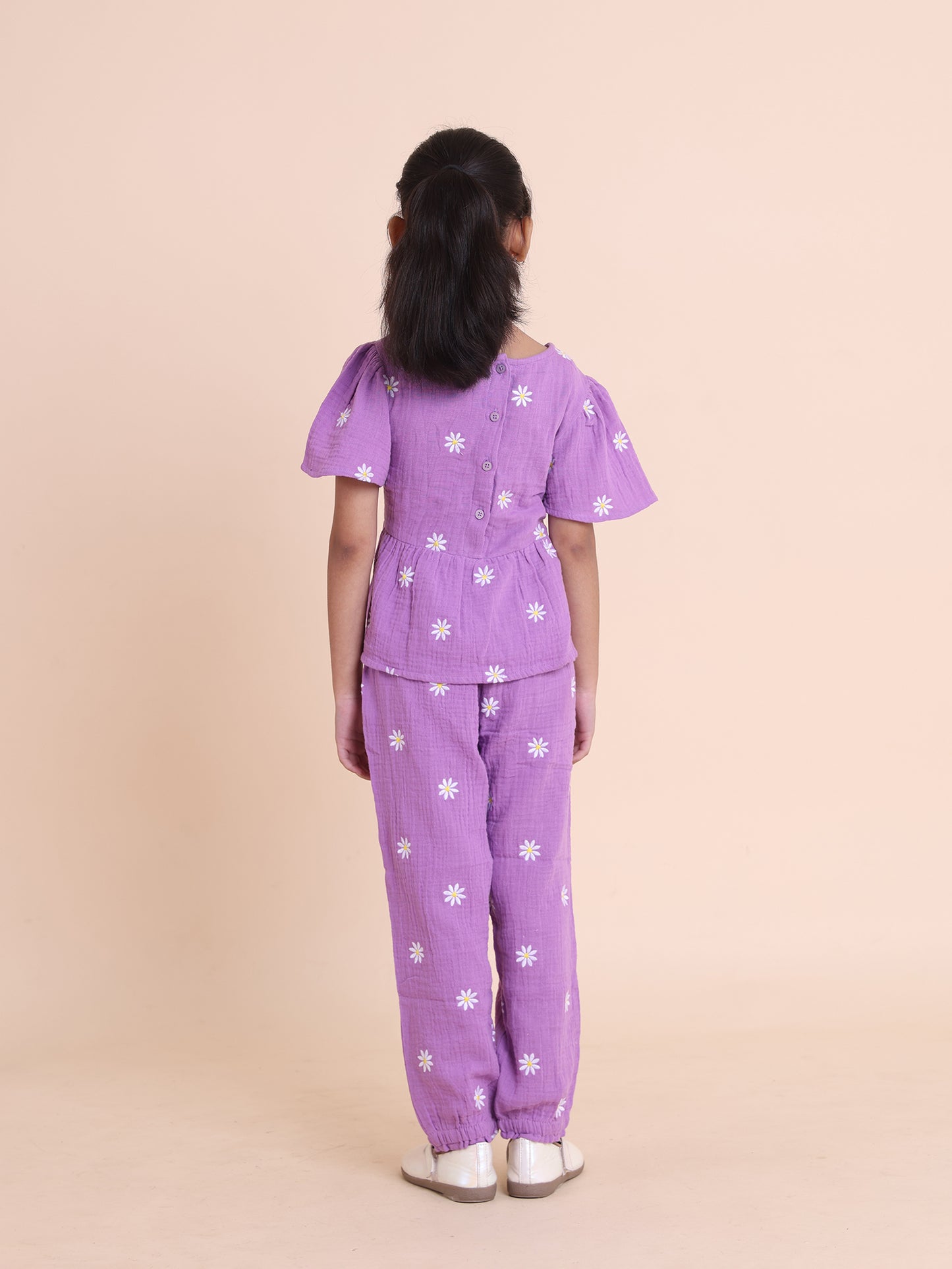 Girls Daisy Embroidered Purple Cotton 2-Piece Set