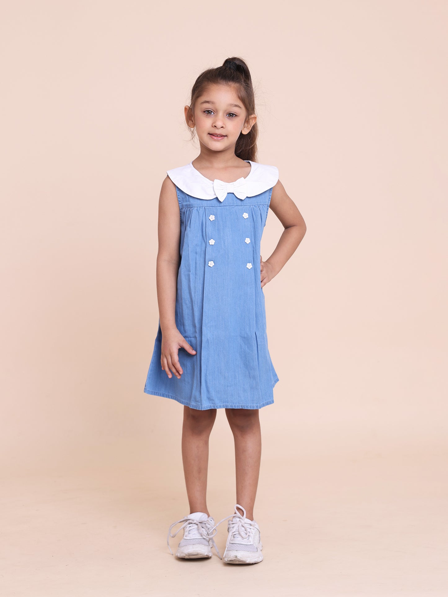 Blue Sleeveless Button Dress with White Collar
