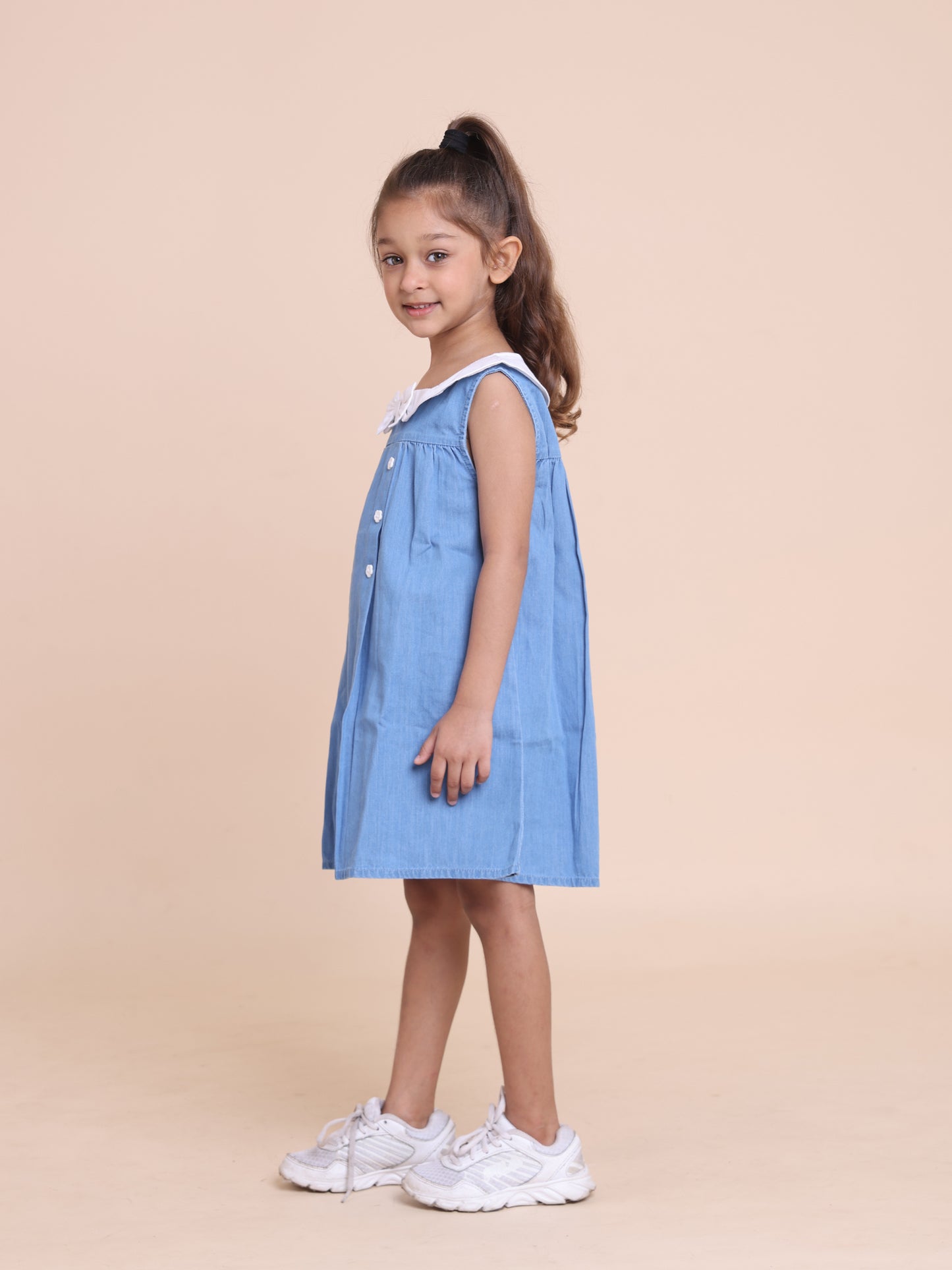 Blue Sleeveless Button Dress with White Collar