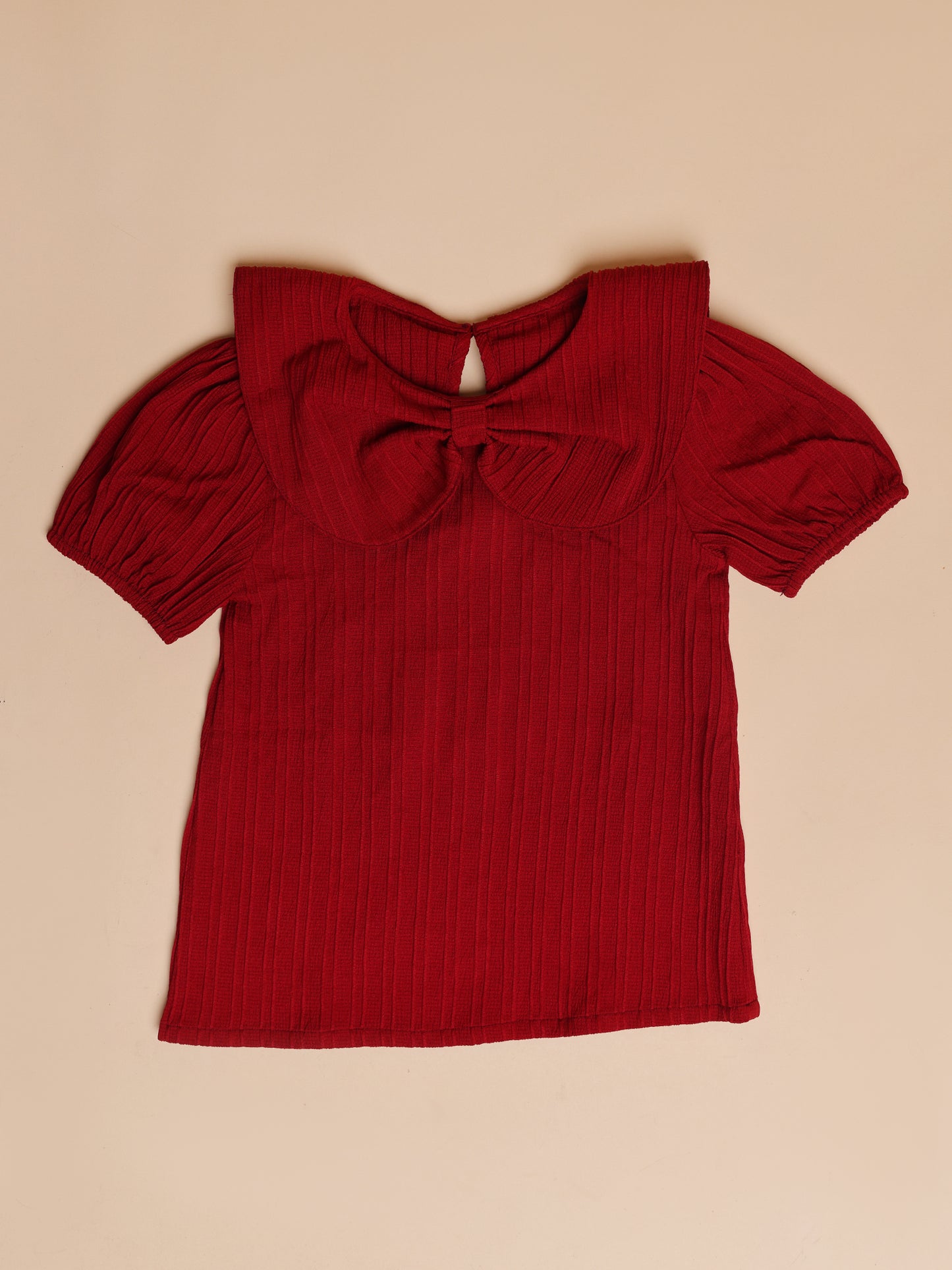 Girls Solid Peter Pan Collar Puff Sleeve Top