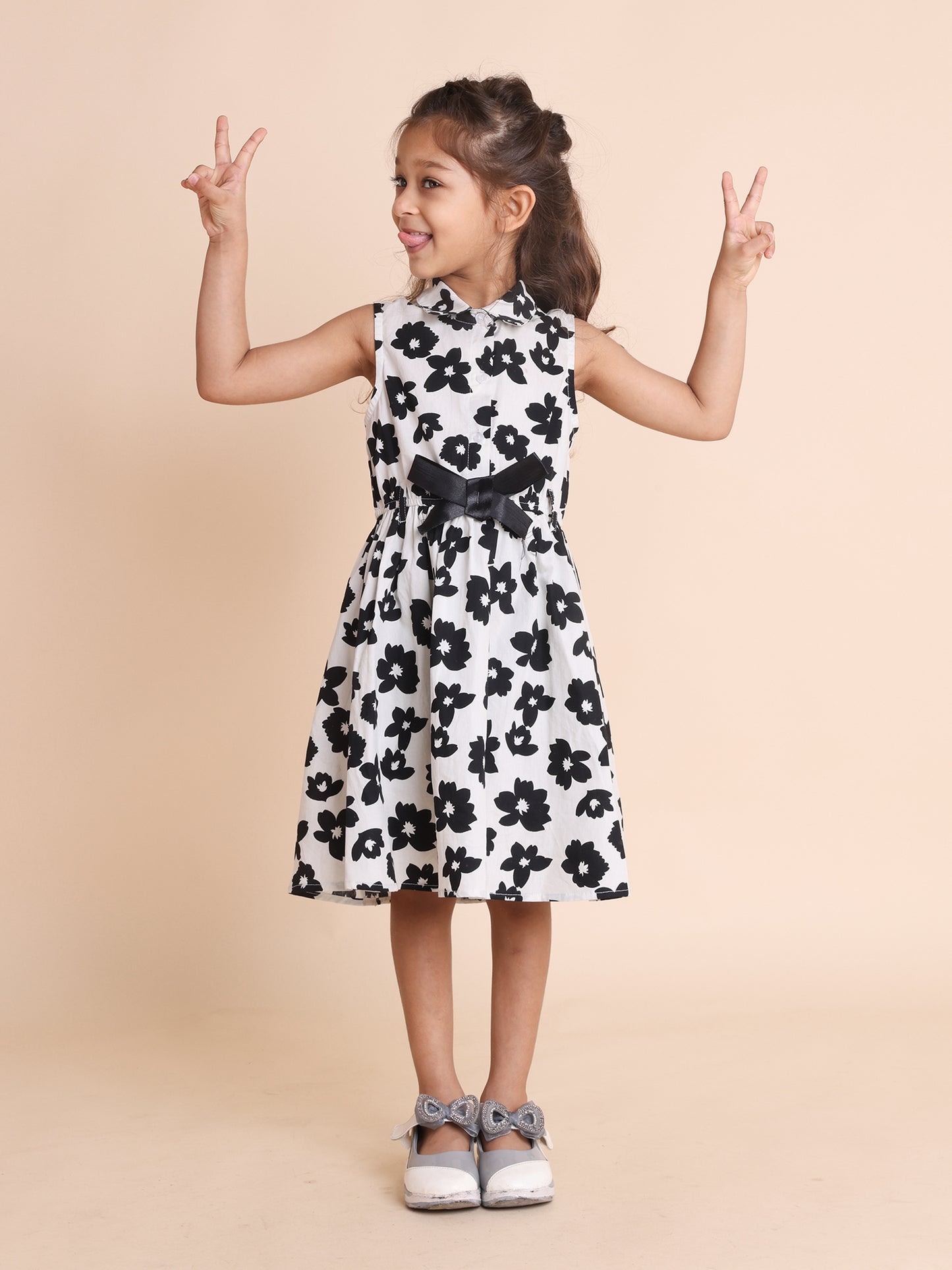 Girls Sleeveless Black & White Floral Fit &Flare Dress With Bow