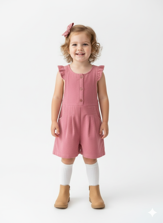 Rose Ribbed Corduroy Ruffle-Sleeve Dungaree Romper