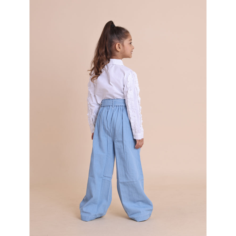 White Pleated Ruffle Sleeve Shirt