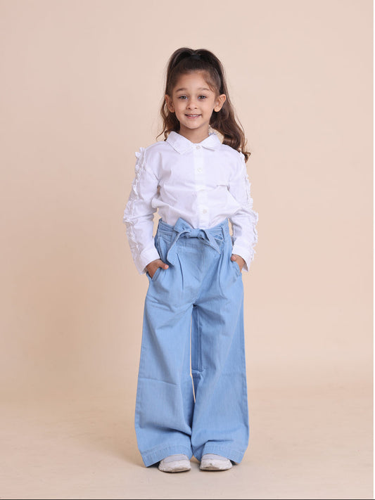 White Pleated Ruffle Sleeve Shirt