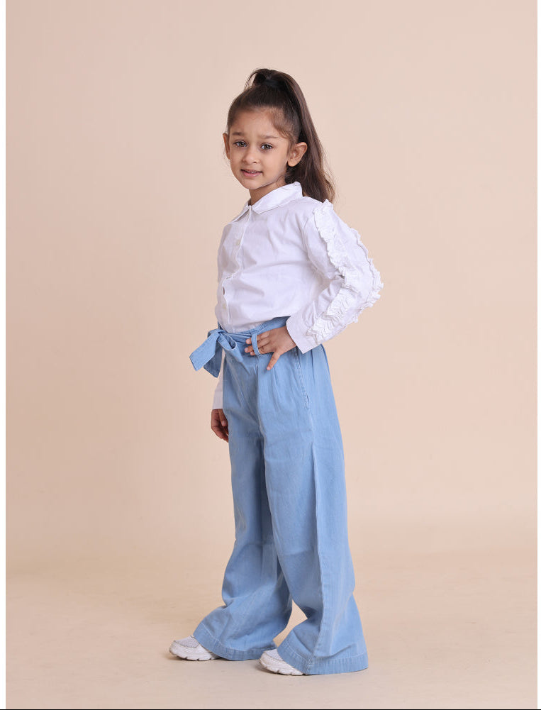 White Pleated Ruffle Sleeve Shirt