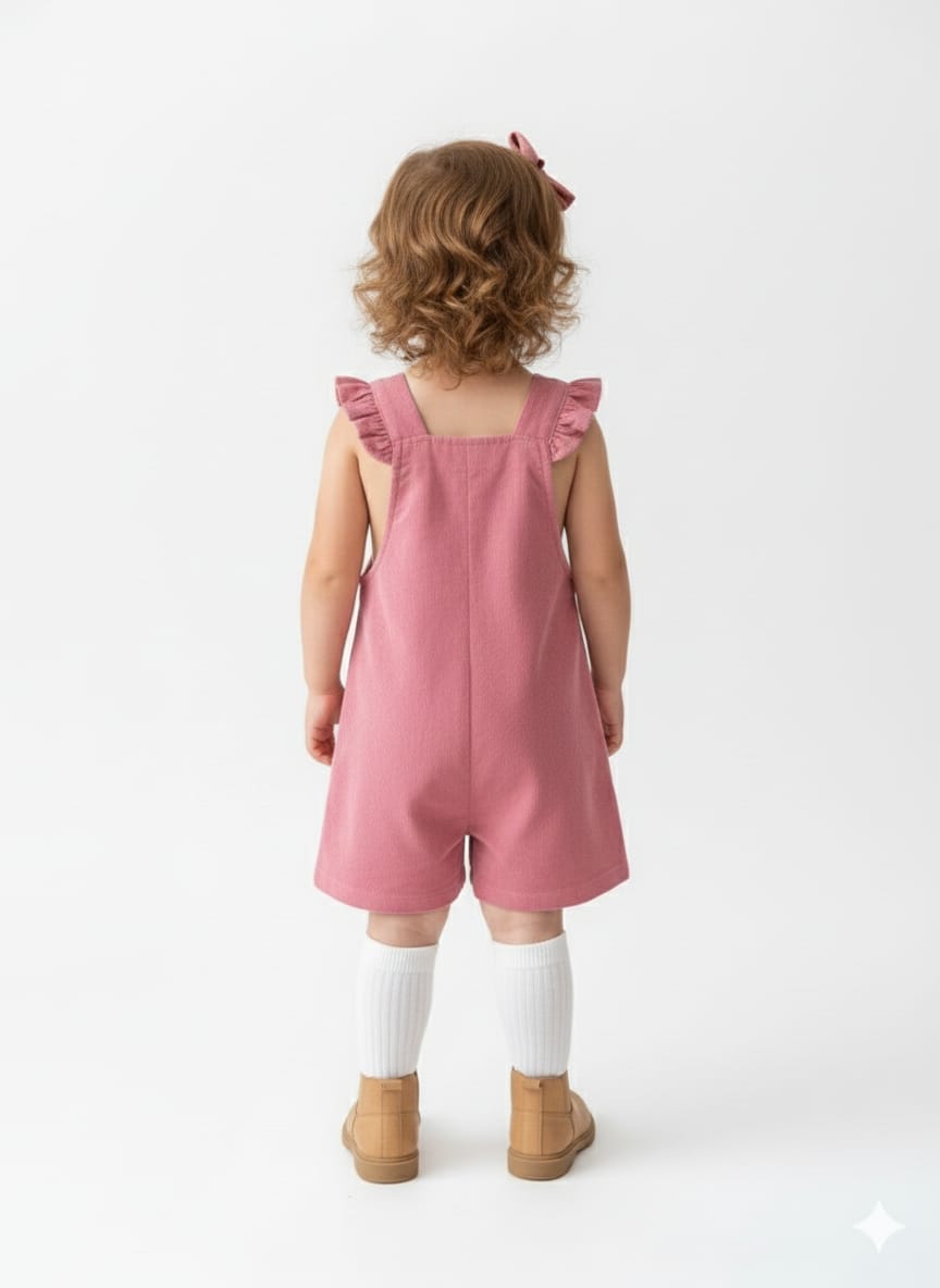 Rose Ribbed Corduroy Ruffle-Sleeve Dungaree Romper