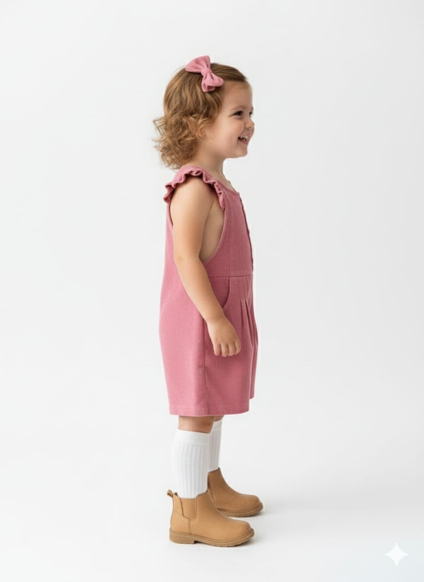 Rose Ribbed Corduroy Ruffle-Sleeve Dungaree Romper