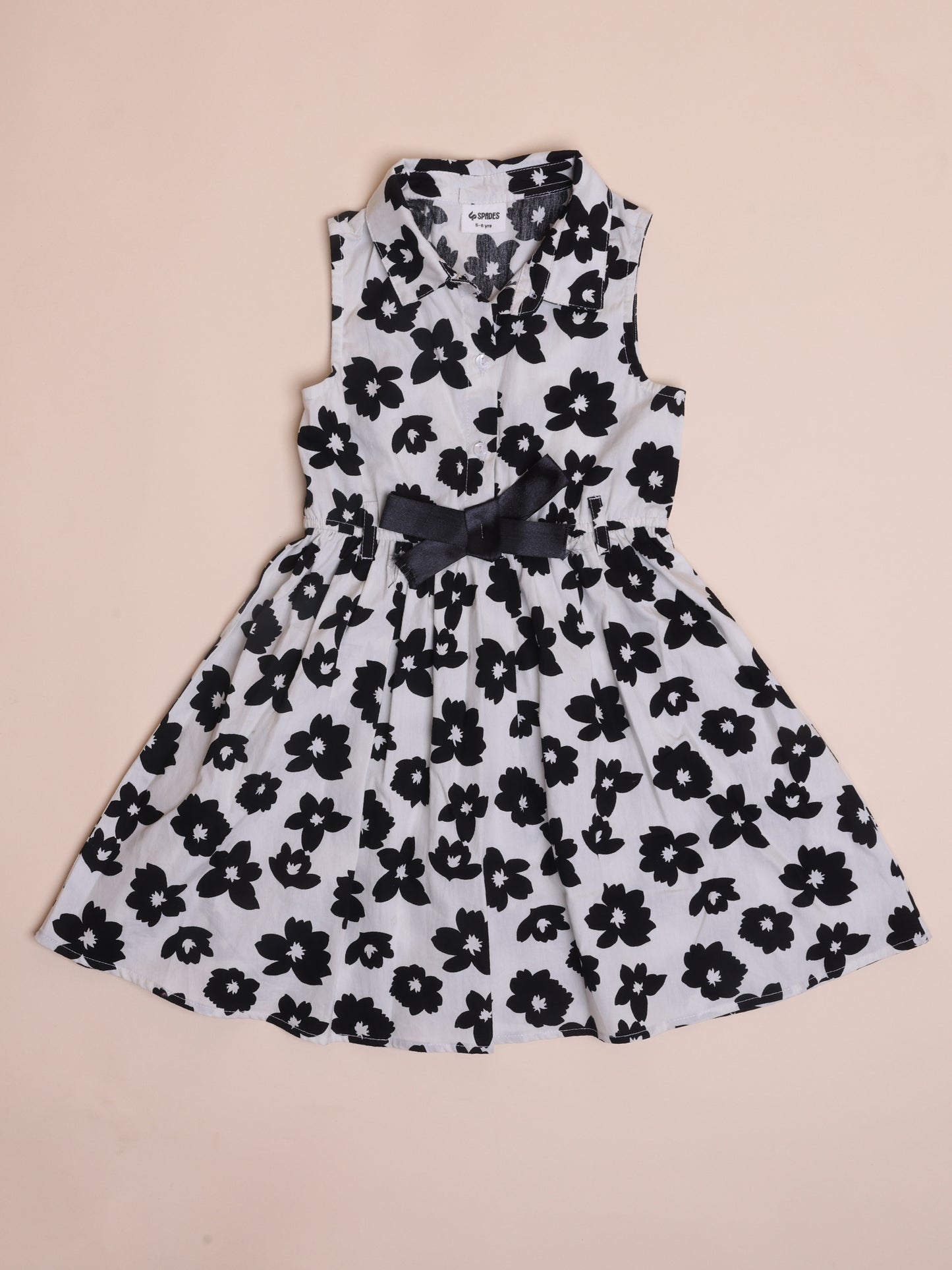 Girls Sleeveless Black & White Floral Fit &Flare Dress With Bow