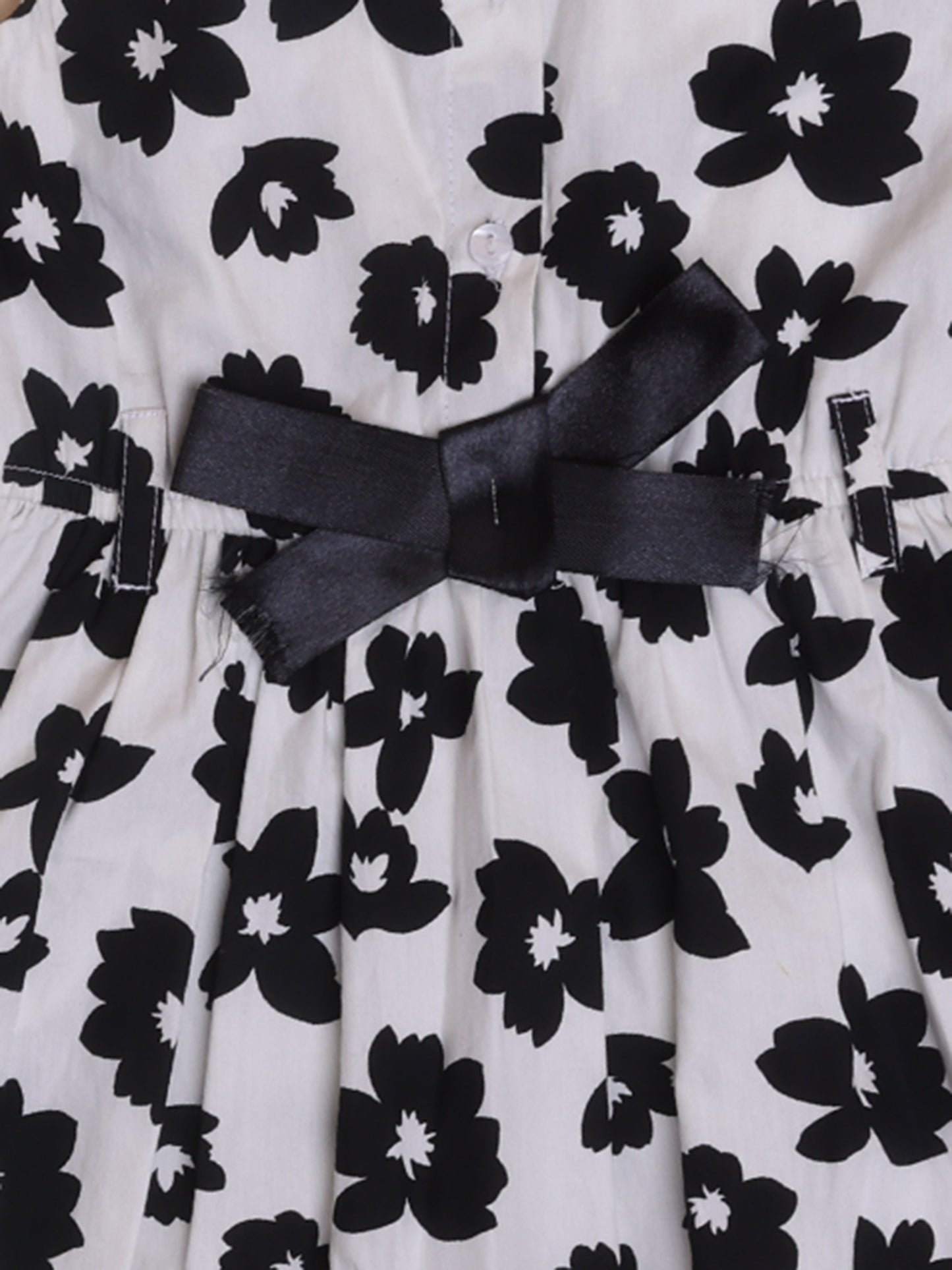 Girls Sleeveless Black & White Floral Fit &Flare Dress With Bow