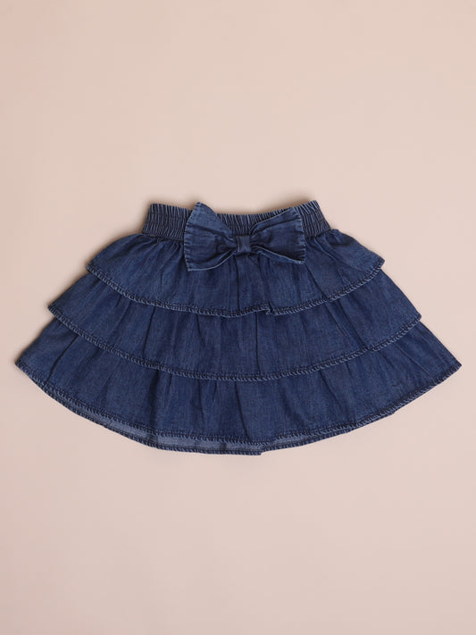 Girls blue denim flared skirt with bow