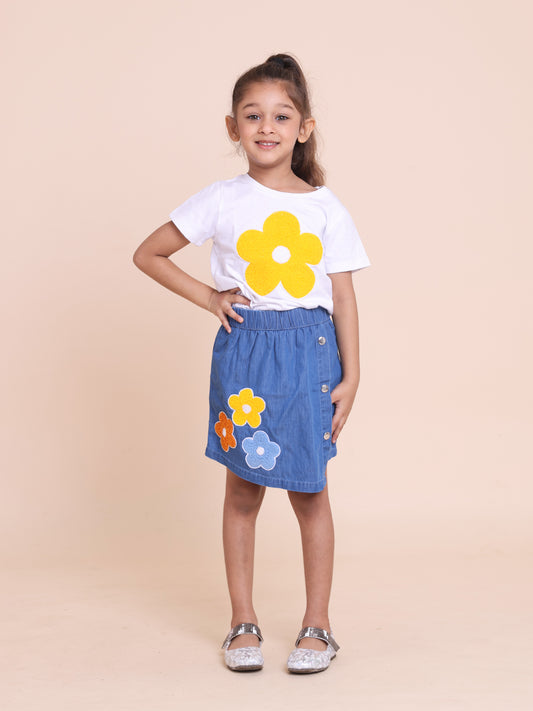 Girls' 2-Piece Summer Outfit: Yellow Floral Embroidered Short Sleeve Top and Denim Skort